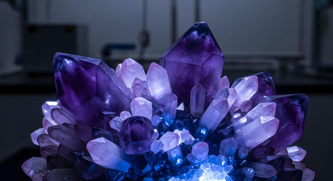 Cluster of luminous purple and blue crystals glows with internal light. - Powered by Adobe