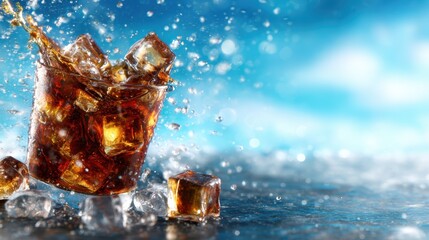A close-up shot of a glass filled with refreshing cold drink and ice cubes, with droplets splashing around, highlighting the thirst-quenching appeal and vibrancy of summer beverages.
