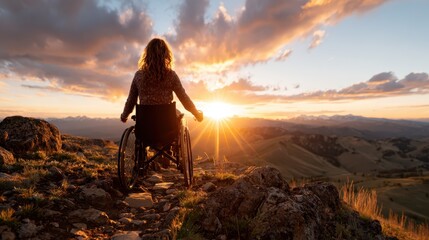 A woman in a wheelchair gazes at a stunning sunset view over mountains, embodying resilience and determination in the face of life's challenges, surrounded by nature's beauty.
