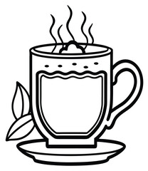 A line drawing illustration of a steaming cup of tea or coffee, with a couple of tea leaves on the saucer, representing a warm beverage and a moment of relaxation or refreshment