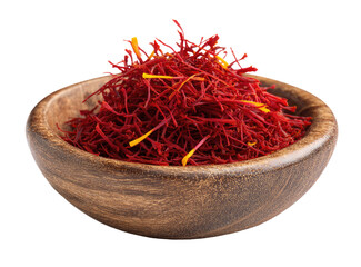 Fototapeta premium Dried saffron threads in a shallow wooden bowl (1)