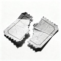 Black and white torn movie ticket stub in two pieces on bright light background, concept of time and decay