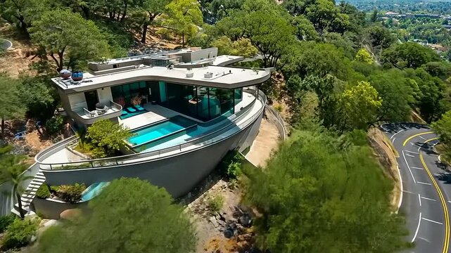 Architectural marvel showcasing a modern hillside house with a curved design