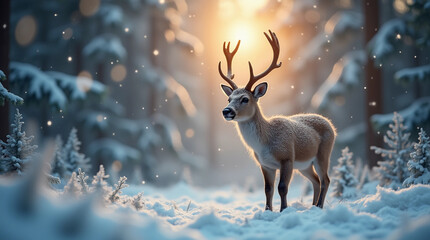 Majestic reindeer stands gracefully in a snow-covered forest during a winter sunset