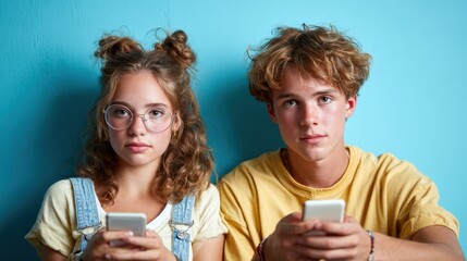 Two teenagers focused on their mobile phones, depicting a moment of digital engagement that reflects modern social interactions and connectivity among youth.