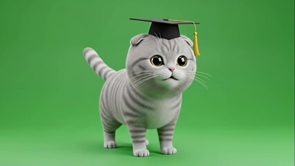Cartoon Scottish Fold Cat Graduating on Green Background - A cute cartoon Scottish Fold cat wearing a graduation cap stands on a bright green background.