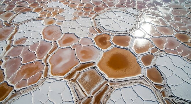 Aerial View of Cracked Earth Patterns in Salt Flats Landscape Showing Geometric Shapes and Varied Textures