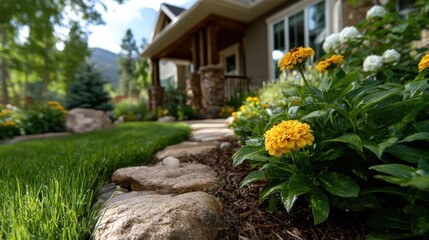 This captivating image showcases a well-manicured garden adorned with colorful flowers, leading up to a charming home, creating a picturesque outdoor scene full of life.