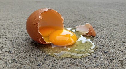 Broken eggshell with yolk spilling onto a textured surface close up shot