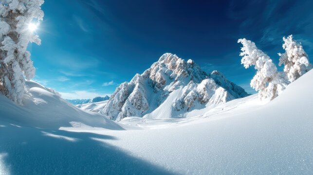 A breathtaking winter landscape features majestic snow-covered mountains under a clear blue sky, evoking a sense of adventure and peace in the pristine, untouched wilderness. - Powered by Adobe