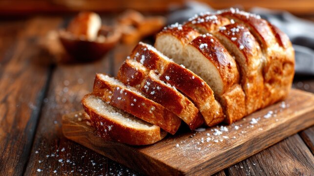 A warm loaf of freshly sliced bread sits on a rustic wooden table, exuding a sense of comfort and nostalgia, perfect for a cozy kitchen or bakery scene showcasing culinary delight.