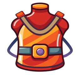 Stylized cartoon fantasy armor vest made with a glossy orange and red finish featuring a large purple gem buckle for a video game