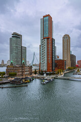 Fototapeta premium The dramatic waterfront skyline of Kop van Zuid in Rotterdam, featuring modern towers, historical buildings, and the Erasmus Bridge across the cloudy harbor water.