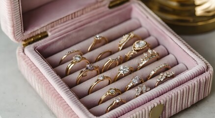 Elegant gold diamond rings displayed in a soft pink velvet jewelry box, perfect for weddings, engagements, or luxury fashion accessories.