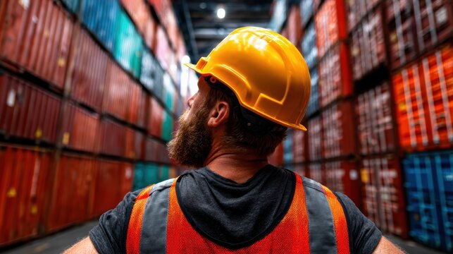A determined warehouse worker in a hard hat surveys rows of colorful shipping containers, symbolizing labor, industry, and the bustling environment of logistics and supply chains.