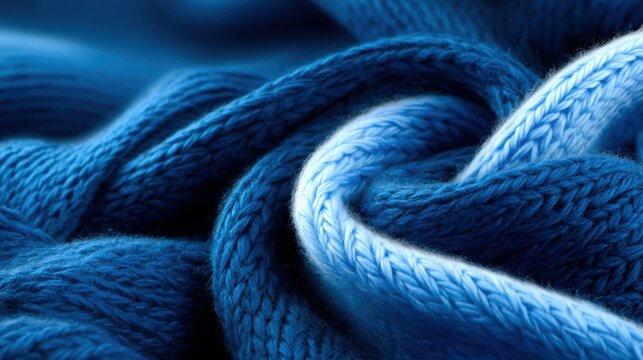 An abstract close-up of soft knitted fabric showcasing shades of blue, creating a soothing visual texture that evokes feelings of warmth and comfort in cozy winter settings.
