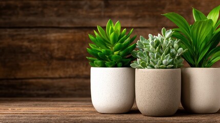 A delightful arrangement of vibrant green plants in stylish earthy pots, beautifully displayed on a rustic wooden table, evoking a sense of freshness and vitality.