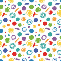 Vibrant circular doodles create a seamless pattern, hand‑drawn with colorful dots and vector brush strokes, ideal for wallpapers, pattern fills, web page backgrounds, and surface text