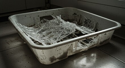Broken glass shards and debris in a square container on a tiled floor
