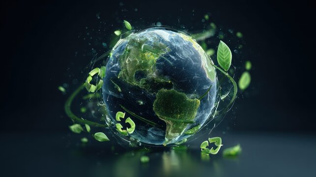 globe of earth with transparent continents surrounded by green vines and recycling icons in a futuristic dark scene, highlighting sustainability and eco tech for environmental brands