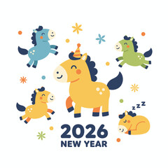 Naklejka premium A simple and adorable horse illustration set, featuring a cute horse collection and symbolizing the 2026 New Year