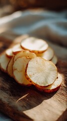 Delicate Sliced Potatoes on Wooden Board Soft Natural Light Food Photography Kitchen Setting Close-up View Culinary Charm