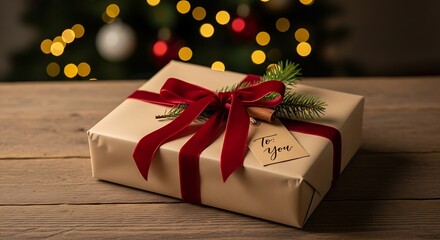Elegant Christmas Gift Box with Red Ribbon and Festive Decor
