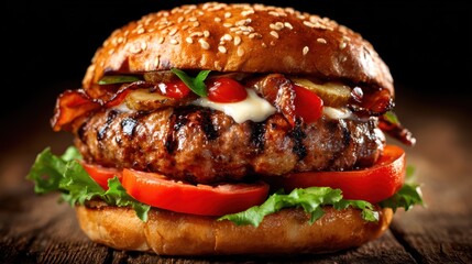 A close-up of a scrumptious cheeseburger topped with crispy bacon, fresh vegetables, and savory sauces, served on a sesame seed bun that looks utterly mouthwatering.