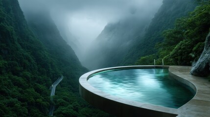 This stunning image showcases a luxurious pool perched on the edge of a misty valley, offering breathtaking views and a perfect escape into nature's tranquil embrace.