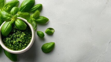 A delightful image featuring fresh basil leaves alongside a bowl of vibrant green pesto, capturing the essence of culinary freshness and aromatic delight.