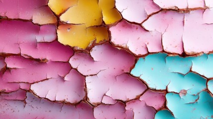 This vibrant abstract image showcases cracked paint in shades of pink, yellow, and turquoise, creating a visually striking and textured surface full of character.