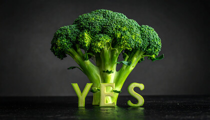 Broccoli florets spell out “YES” on a green backdrop, blending healthy food with playful affirmation.