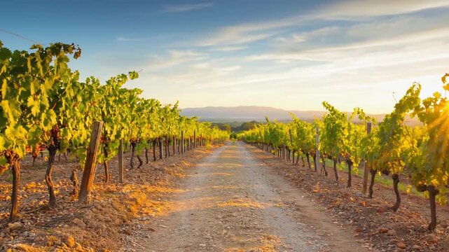 Lush vineyard landscape with rows of grapevines stretching along a dirt path under a vibrant sunset sky, showcasing the beauty of nature and agricultural serenity