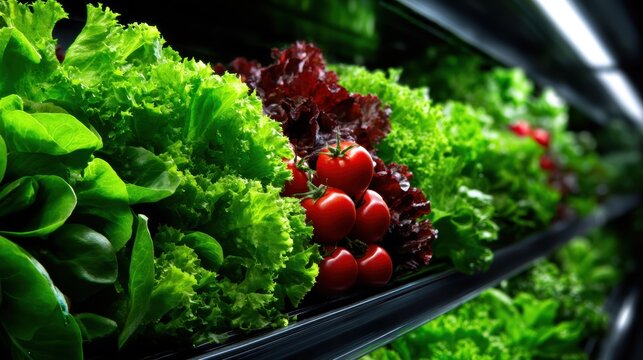 A vibrant display of fresh green leafy vegetables and ripe red tomatoes showcased in a supermarket, inviting health-conscious shoppers and cooking enthusiasts alike.