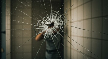 Broken glass with starburst pattern against a tiled background