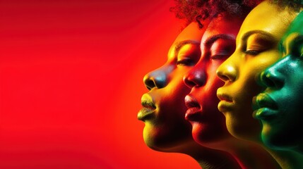 A stunning array of human profiles set against a vibrant gradient background, showcasing deep emotion and diversity through color and light in a captivating artistic display.