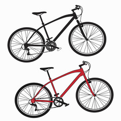 Two bicycles one black silhouette and one red outlined on a white background