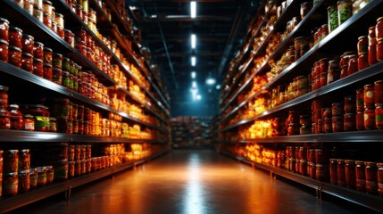 A captivating grocery aisle filled with glowing jars amidst dark surroundings, showcasing a vibrant display that emphasizes abundance and variety in food options for consumers.