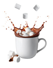 Hot chocolate splash with marshmallows isolated on transparent background