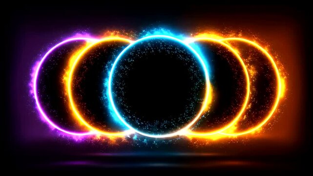 Interlocking neon rings glow, showcasing a spectrum of cool and warm colors against a dark backdrop with particle effects