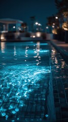Obraz premium Glowing Blue Light Reflections in a Serene Swimming Pool at Night Captured in a Tranquil Outdoor Environment