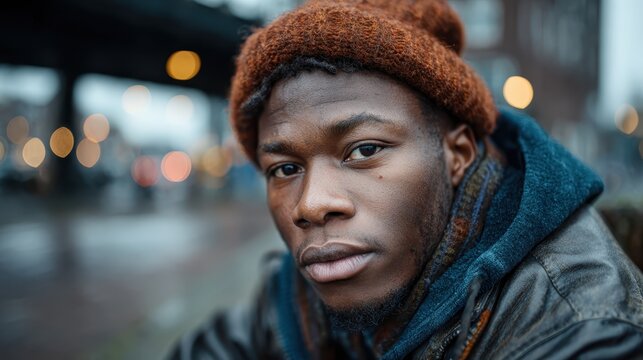 A thoughtful and intimate portrait of a young man sitting in an urban environment, showcasing his introspective mood against a blurred city backdrop filled with soft lights.