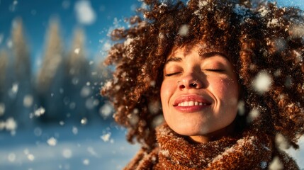 A joyful woman with curly hair breathes in the snowy air with a warm smile, beautifully capturing the essence of winter joy and the thrill of the season.