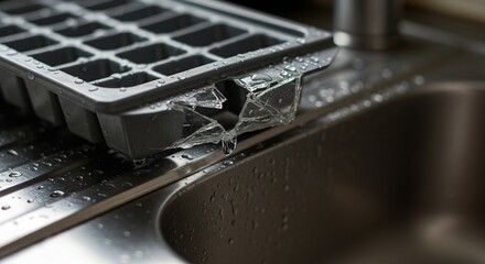Broken ice tray resting on stainless steel kitchen sink