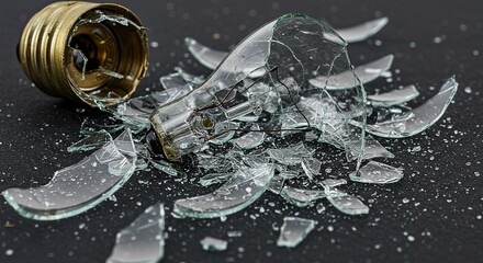 Broken light bulb with glass shards on a dark surface studio shot