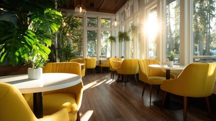 A cozy coffee shop interior bathed in sunlight, featuring stylish yellow chairs and lush plants, creating a welcoming atmosphere perfect for relaxation or socializing.