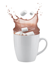 Hot chocolate splash with marshmallows isolated on transparent background