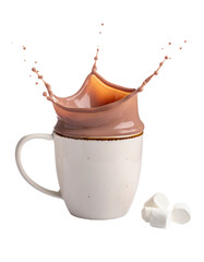 Hot chocolate splash with marshmallows isolated on transparent background