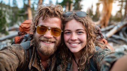 A happy couple smiles while exploring nature, surrounded by lush greenery and the beauty of the outdoors, reflecting their joy and love for adventure together.