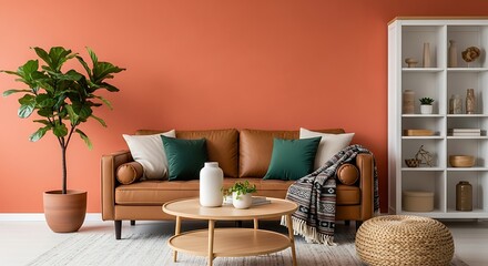 Stylish Living Room Interior with Brown Sofa and Decor